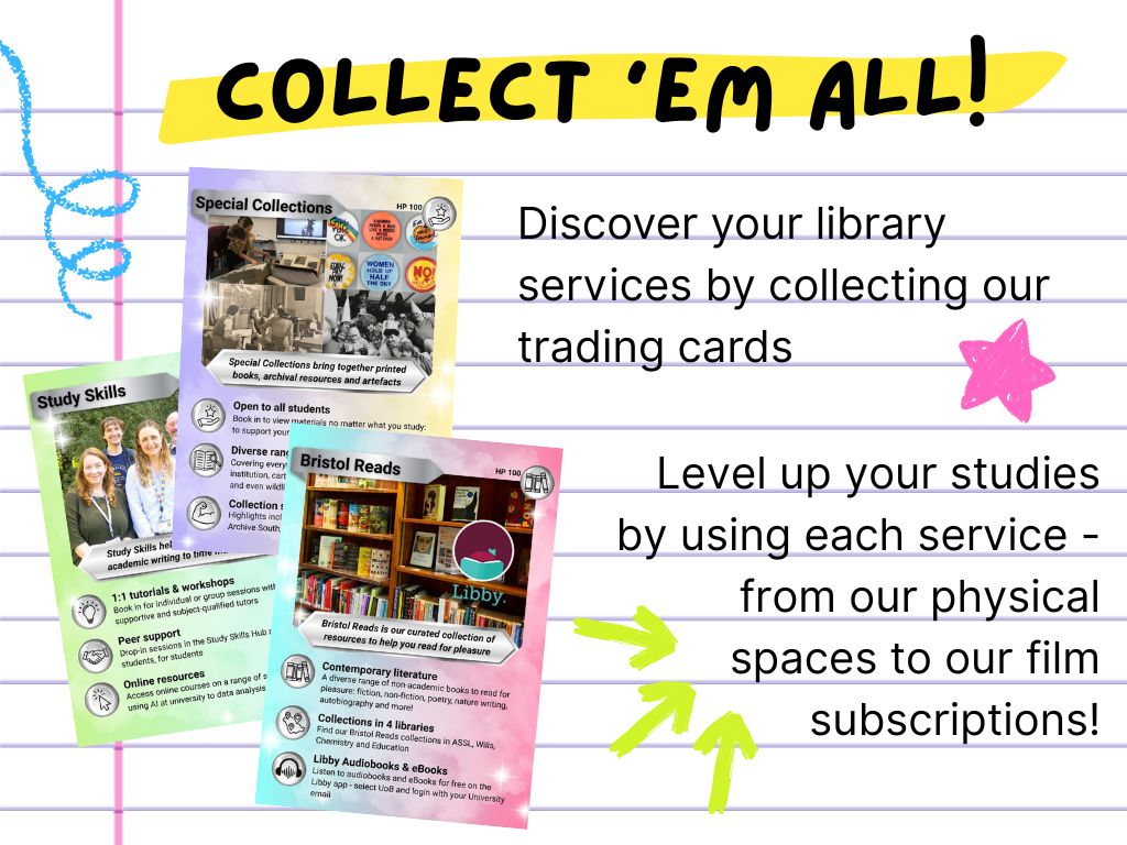 Text image, collect 'em all! Discover your library services by collecting our trading cards. Level up your studies by using each service